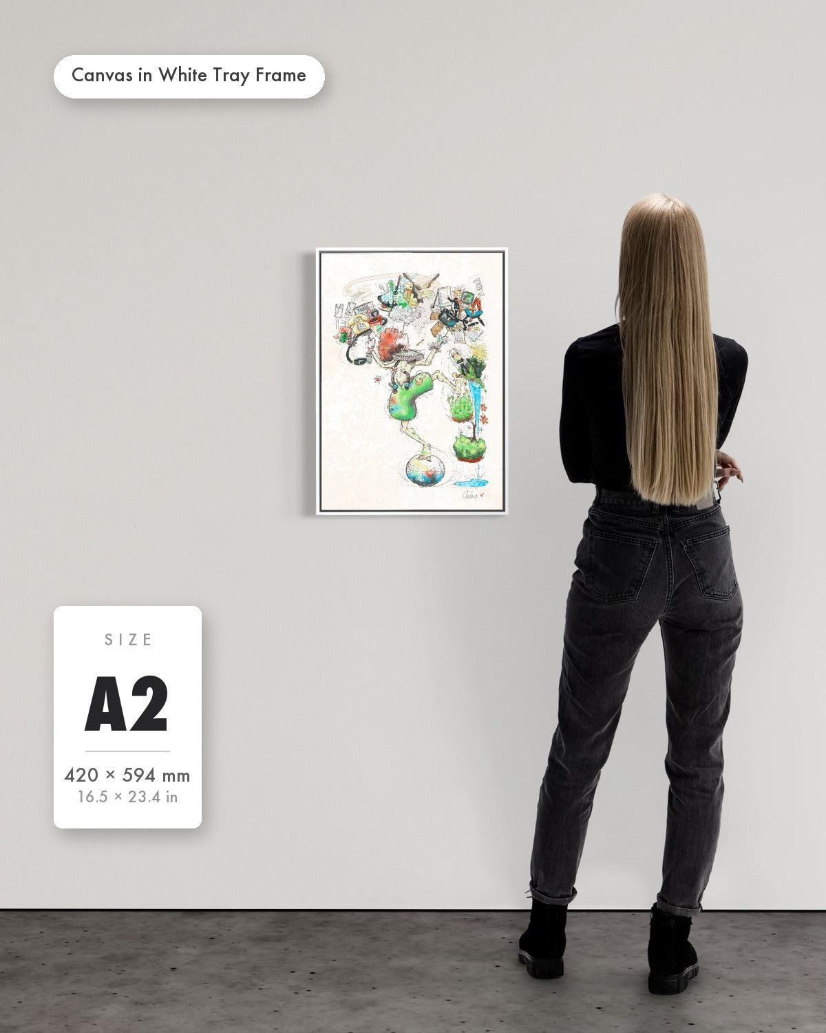 Andrea Nicole 'A Fragile Performance' fine art canvas in a white tray float frame, A2 — shown to scale on a gallery wall with a size guide card. | an:family=canvas;role=sizeref;size=A2;finish=white