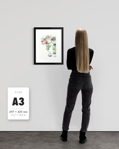 A Fragile Performance — A3 (297 x 420 mm) black frame art print shown to scale beside a person, with a size guide card. | an:family=print;role=sizeref;size=A3;finish=black