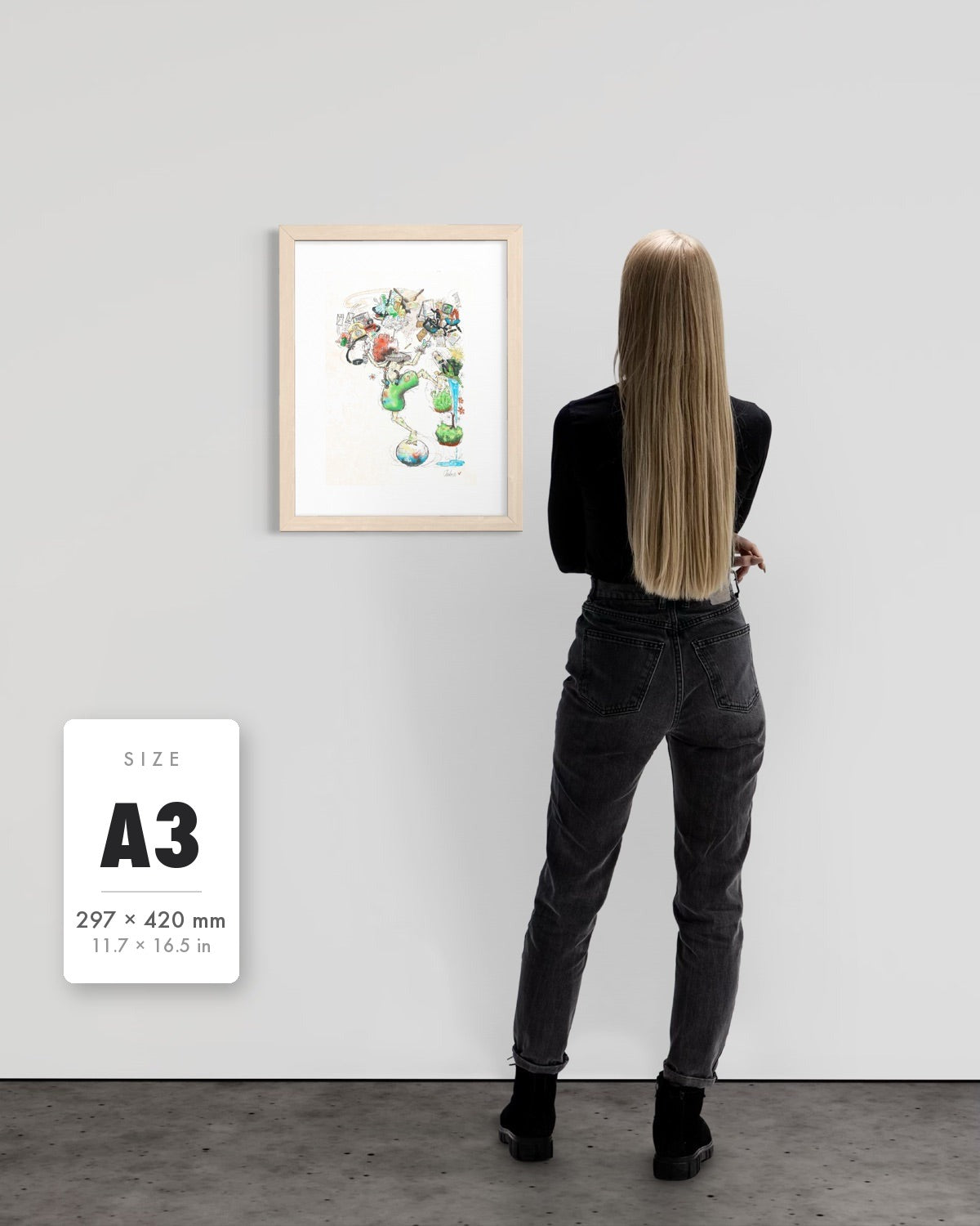 A Fragile Performance — A3 (297 x 420 mm) natural frame art print shown to scale beside a person, with a size guide card. | an:family=print;role=sizeref;size=A3;finish=natural