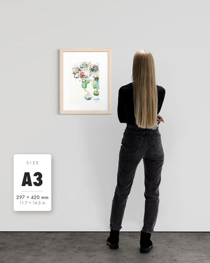 A Fragile Performance — A3 (297 x 420 mm) natural frame art print shown to scale beside a person, with a size guide card. | an:family=print;role=sizeref;size=A3;finish=natural