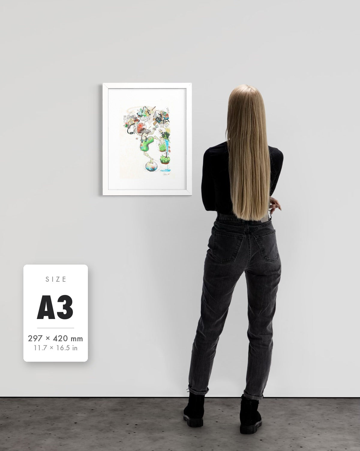 A Fragile Performance — A3 (297 x 420 mm) white frame art print shown to scale beside a person, with a size guide card. | an:family=print;role=sizeref;size=A3;finish=white