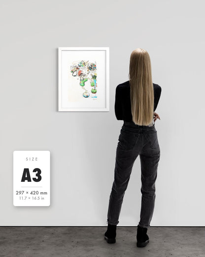 A Fragile Performance — A3 (297 x 420 mm) white frame art print shown to scale beside a person, with a size guide card. | an:family=print;role=sizeref;size=A3;finish=white