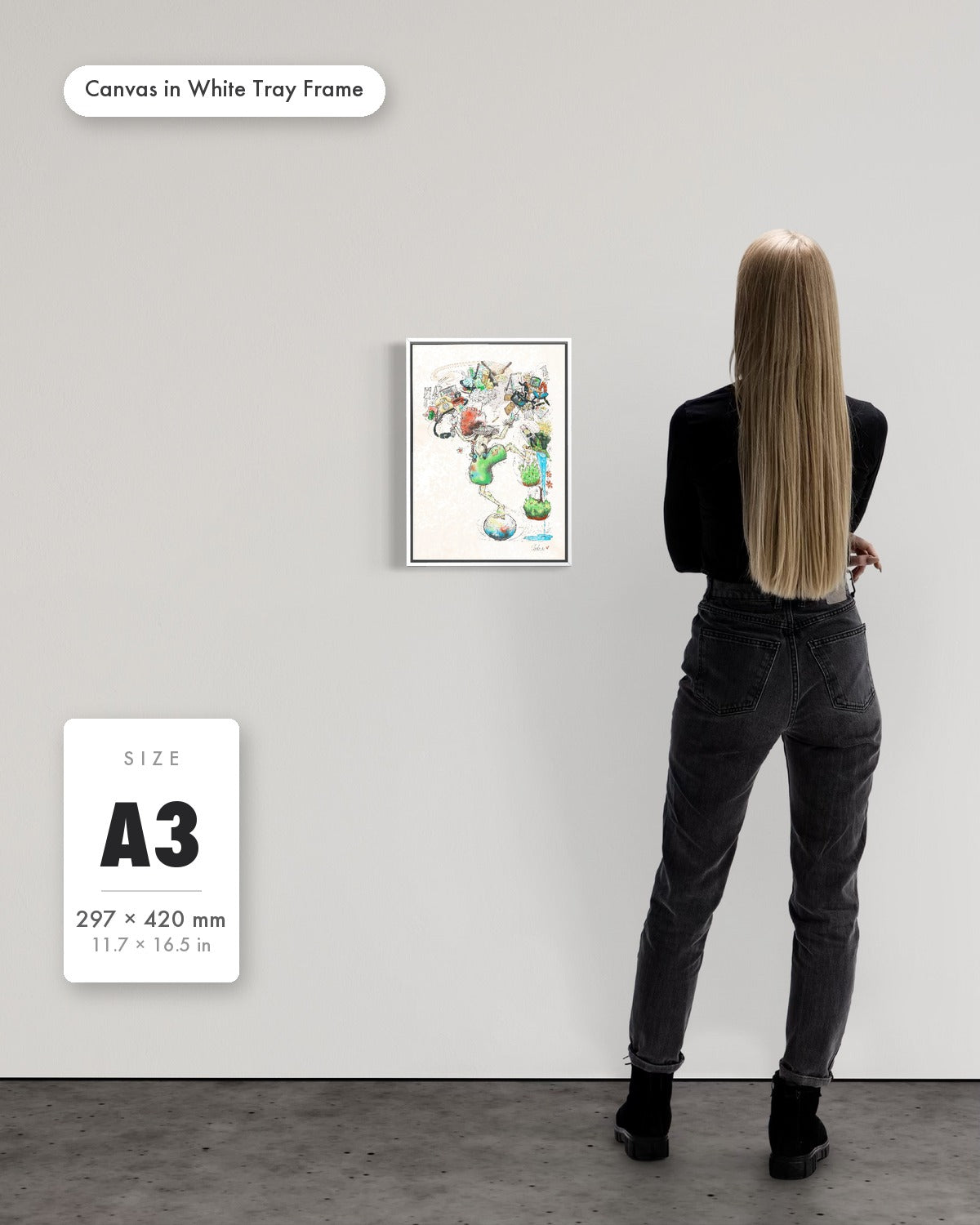 Andrea Nicole 'A Fragile Performance' fine art canvas in a white tray float frame, A3 — shown to scale on a gallery wall with a size guide card. | an:family=canvas;role=sizeref;size=A3;finish=white