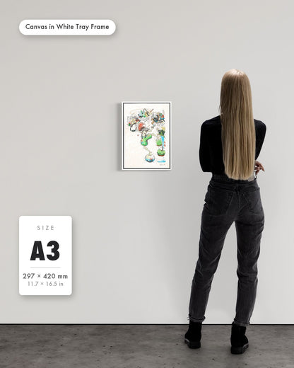 Andrea Nicole 'A Fragile Performance' fine art canvas in a white tray float frame, A3 — shown to scale on a gallery wall with a size guide card. | an:family=canvas;role=sizeref;size=A3;finish=white