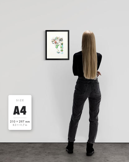 A Fragile Performance — A4 (210 x 297 mm) black frame art print shown to scale beside a person, with a size guide card. | an:family=print;role=sizeref;size=A4;finish=black