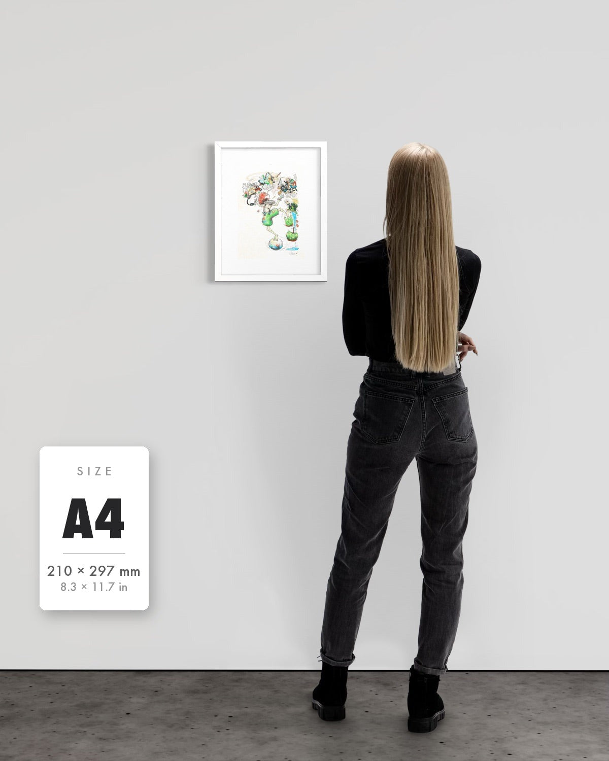 A Fragile Performance — A4 (210 x 297 mm) white frame art print shown to scale beside a person, with a size guide card. | an:family=print;role=sizeref;size=A4;finish=white