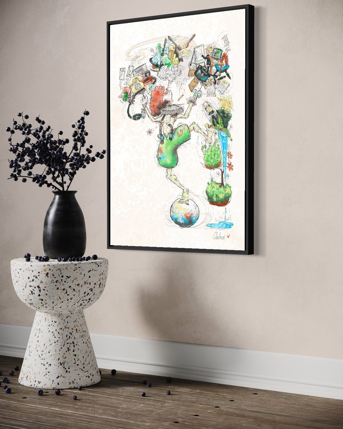 Andrea Nicole 'A Fragile Performance' fine art canvas in a black tray float frame, shown on the wall in a styled room setting. | an:family=canvas;role=hero;finish=black;scene=black_4