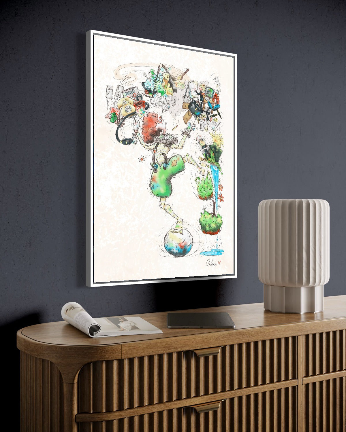 Andrea Nicole 'A Fragile Performance' fine art canvas in a white tray float frame, shown on the wall in a styled room setting. | an:family=canvas;role=hero;finish=white;scene=white_2