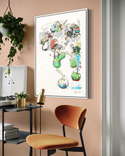 Andrea Nicole 'A Fragile Performance' fine art canvas in a white tray float frame, shown on the wall in a styled room setting. | an:family=canvas;role=hero;finish=white;scene=white_3