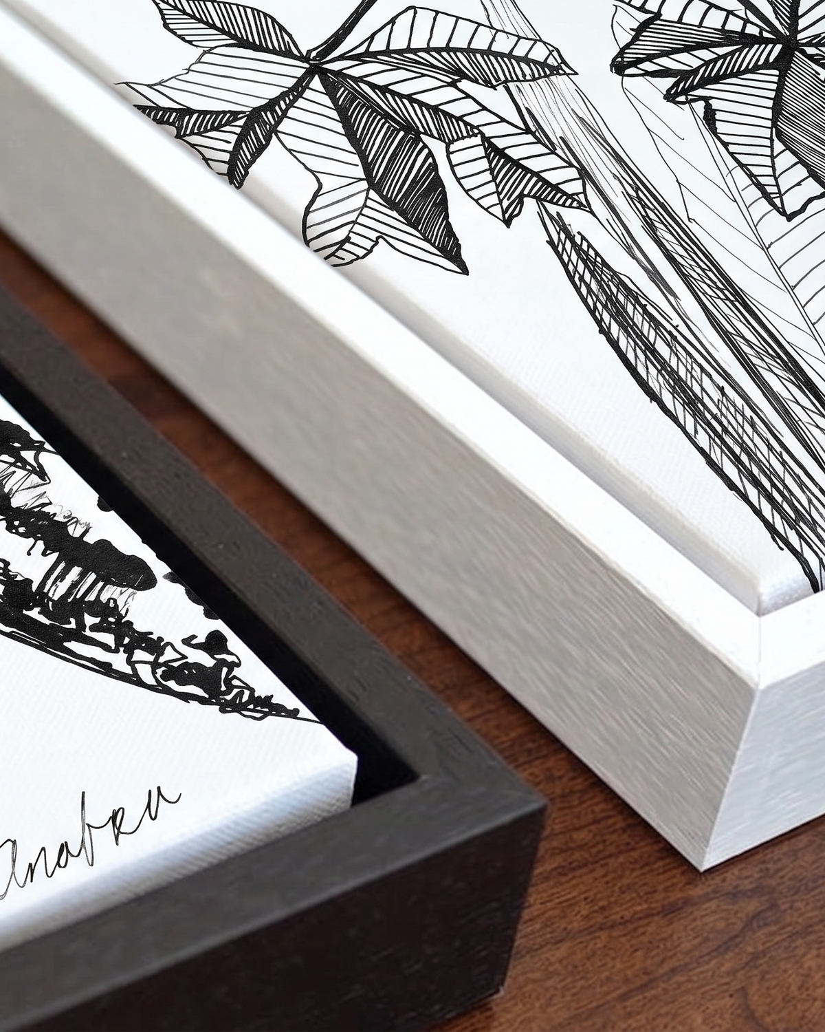Andrea Nicole 'Banana Grove' gallery canvas in a tray float frame — close detail of the floating edge and frame moulding. | an:family=canvas;role=hero
