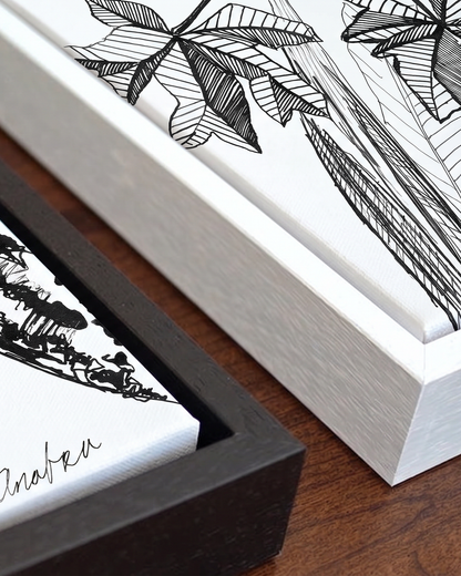 Andrea Nicole 'Banana Grove' gallery canvas in a tray float frame — close detail of the floating edge and frame moulding. | an:family=canvas;role=hero