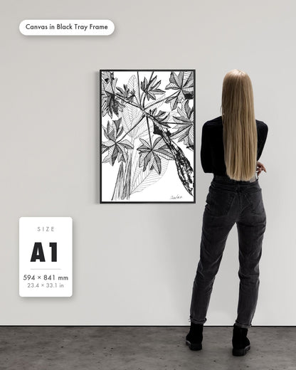Andrea Nicole 'Banana Grove' fine art canvas in a black tray float frame, A1 — shown to scale on a gallery wall with a size guide card. | an:family=canvas;role=sizeref;size=A1;finish=black