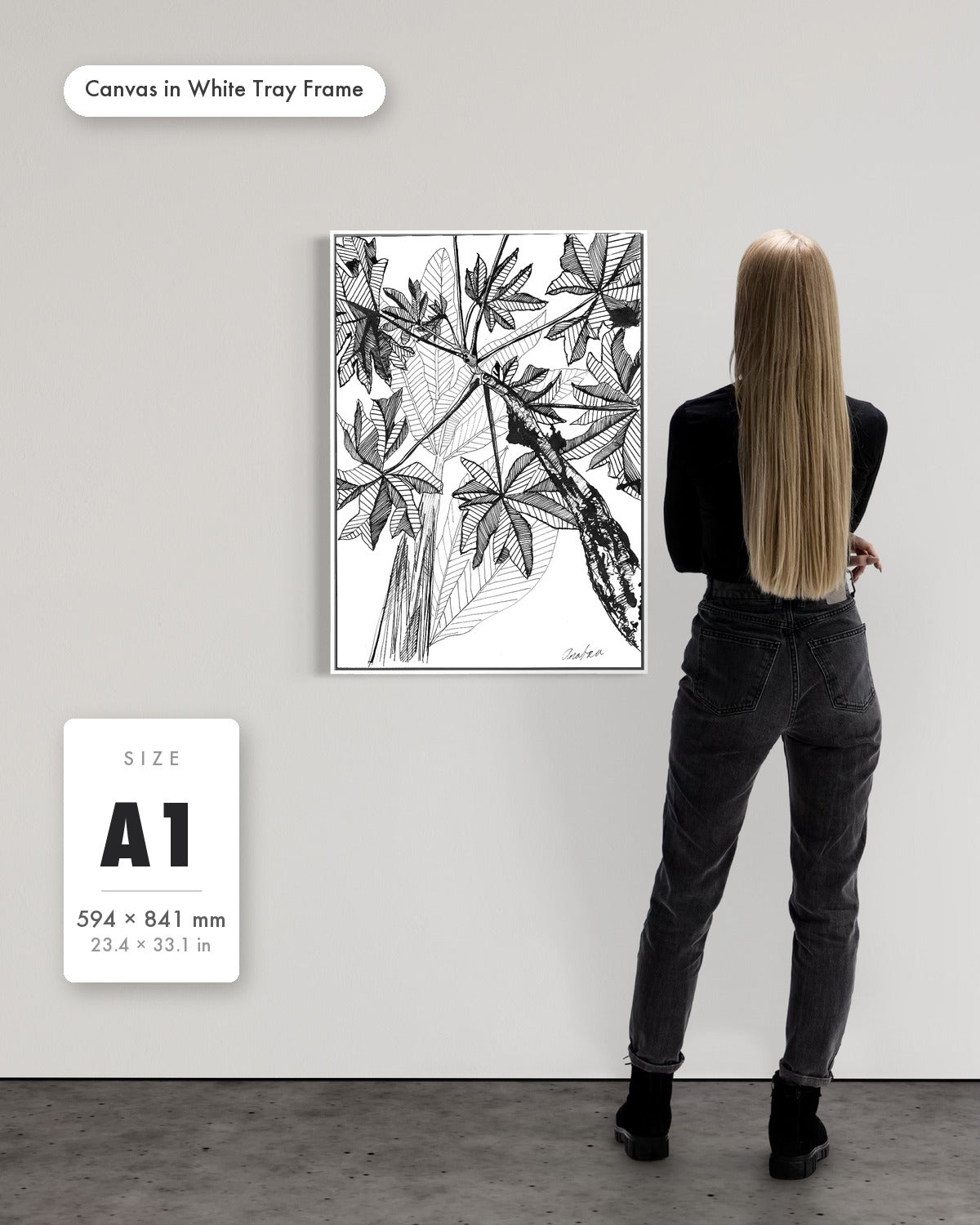 Andrea Nicole 'Banana Grove' fine art canvas in a white tray float frame, A1 — shown to scale on a gallery wall with a size guide card. | an:family=canvas;role=sizeref;size=A1;finish=white