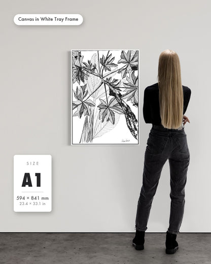Andrea Nicole 'Banana Grove' fine art canvas in a white tray float frame, A1 — shown to scale on a gallery wall with a size guide card. | an:family=canvas;role=sizeref;size=A1;finish=white
