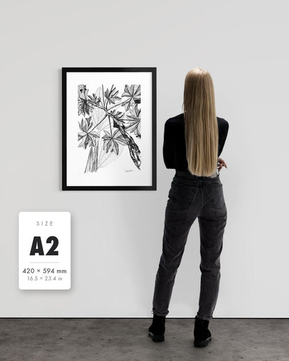 Banana Grove — A2 (420 x 594 mm) black frame art print shown to scale beside a person, with a size guide card. | an:family=print;role=sizeref;size=A2;finish=black
