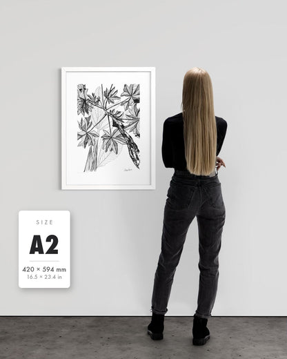 Banana Grove — A2 (420 x 594 mm) white frame art print shown to scale beside a person, with a size guide card. | an:family=print;role=sizeref;size=A2;finish=white