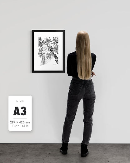 Banana Grove — A3 (297 x 420 mm) black frame art print shown to scale beside a person, with a size guide card. | an:family=print;role=sizeref;size=A3;finish=black