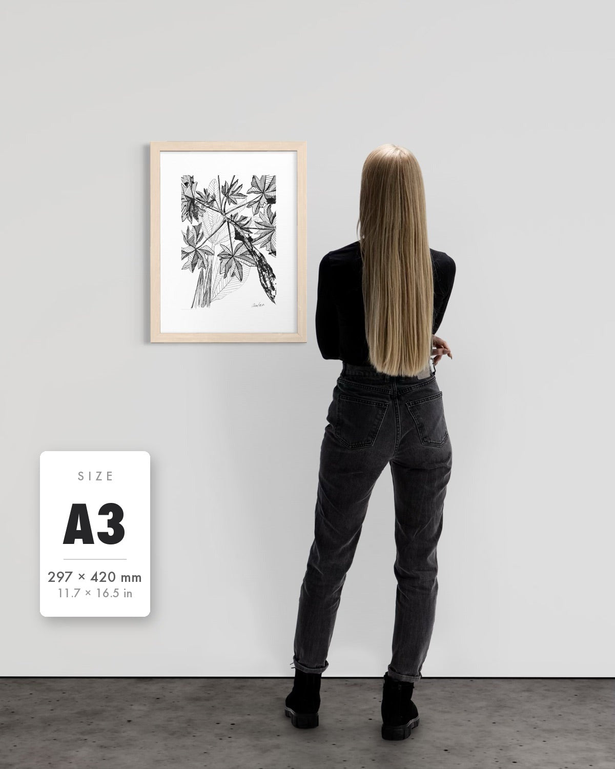 Banana Grove — A3 (297 x 420 mm) natural frame art print shown to scale beside a person, with a size guide card. | an:family=print;role=sizeref;size=A3;finish=natural