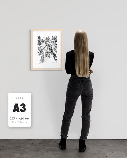 Banana Grove — A3 (297 x 420 mm) natural frame art print shown to scale beside a person, with a size guide card. | an:family=print;role=sizeref;size=A3;finish=natural