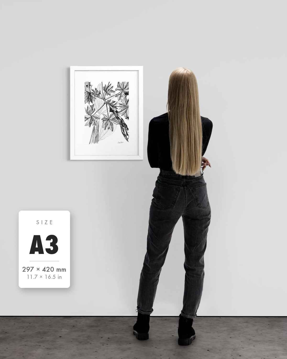 Banana Grove — A3 (297 x 420 mm) white frame art print shown to scale beside a person, with a size guide card. | an:family=print;role=sizeref;size=A3;finish=white