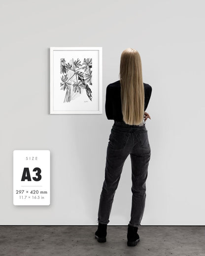 Banana Grove — A3 (297 x 420 mm) white frame art print shown to scale beside a person, with a size guide card. | an:family=print;role=sizeref;size=A3;finish=white