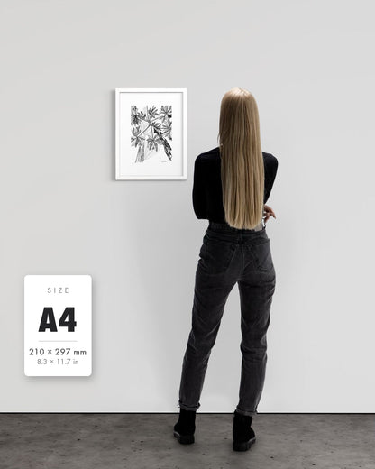 Banana Grove — A4 (210 x 297 mm) white frame art print shown to scale beside a person, with a size guide card. | an:family=print;role=sizeref;size=A4;finish=white