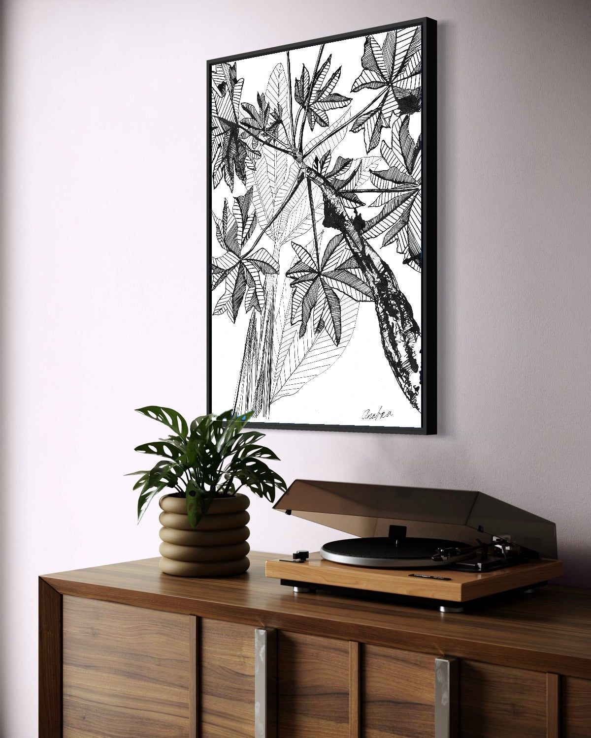 Andrea Nicole 'Banana Grove' fine art canvas in a black tray float frame, shown on the wall in a styled room setting. | an:family=canvas;role=hero;finish=black;scene=black_2