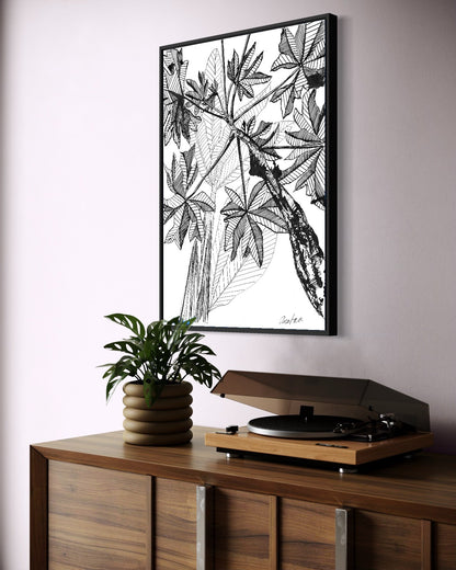 Andrea Nicole 'Banana Grove' fine art canvas in a black tray float frame, shown on the wall in a styled room setting. | an:family=canvas;role=hero;finish=black;scene=black_2