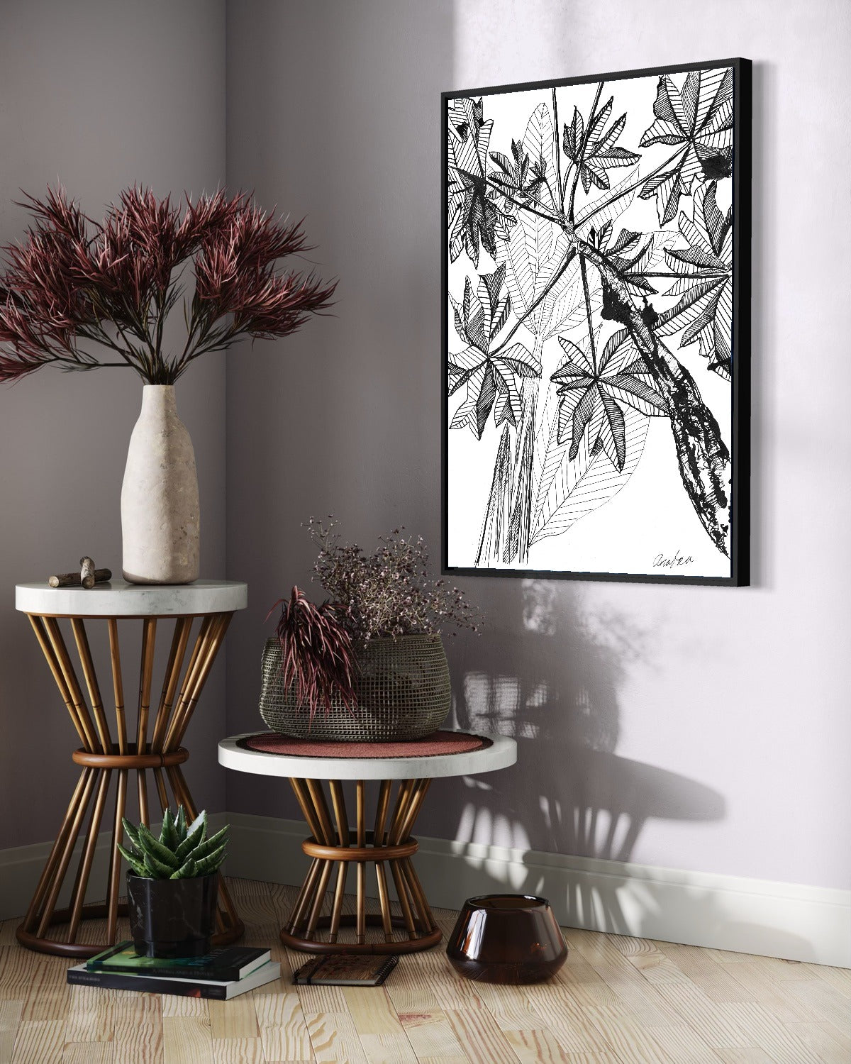 Andrea Nicole 'Banana Grove' fine art canvas in a black tray float frame, shown on the wall in a styled room setting. | an:family=canvas;role=hero;finish=black;scene=black_3