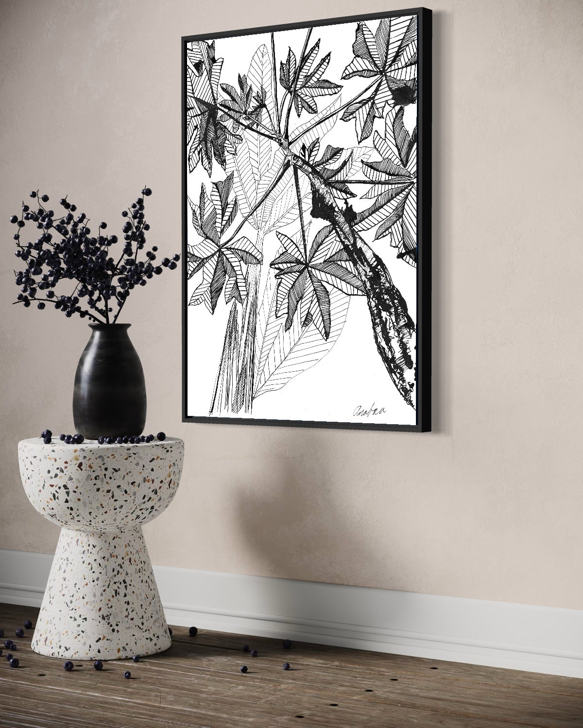 Andrea Nicole 'Banana Grove' fine art canvas in a black tray float frame, shown on the wall in a styled room setting. | an:family=canvas;role=hero;finish=black;scene=black_4