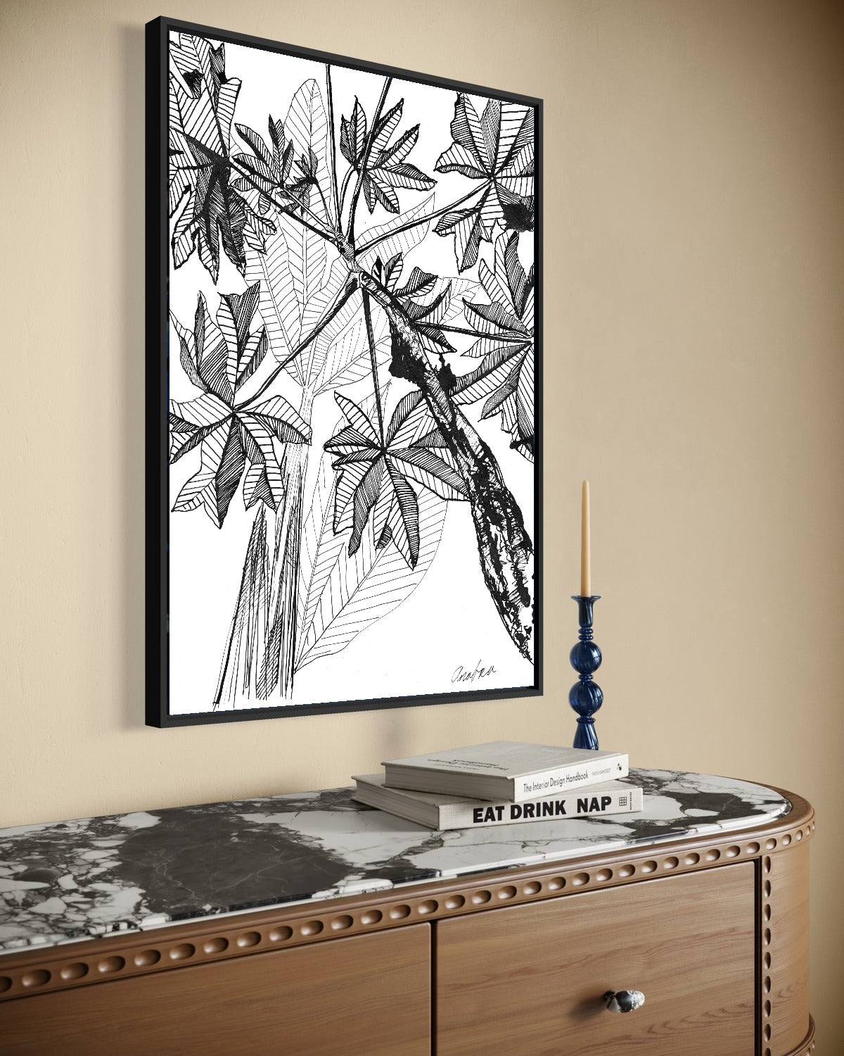 Andrea Nicole 'Banana Grove' fine art canvas in a black tray float frame, shown on the wall in a styled room setting. | an:family=canvas;role=hero;finish=black;scene=black_5