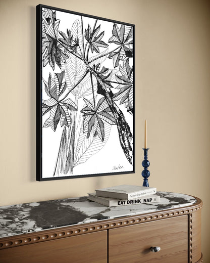 Andrea Nicole 'Banana Grove' fine art canvas in a black tray float frame, shown on the wall in a styled room setting. | an:family=canvas;role=hero;finish=black;scene=black_5