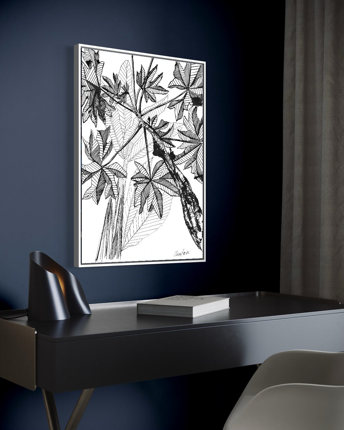 Andrea Nicole 'Banana Grove' fine art canvas in a white tray float frame, shown on the wall in a styled room setting. | an:family=canvas;role=hero;finish=white;scene=white_1
