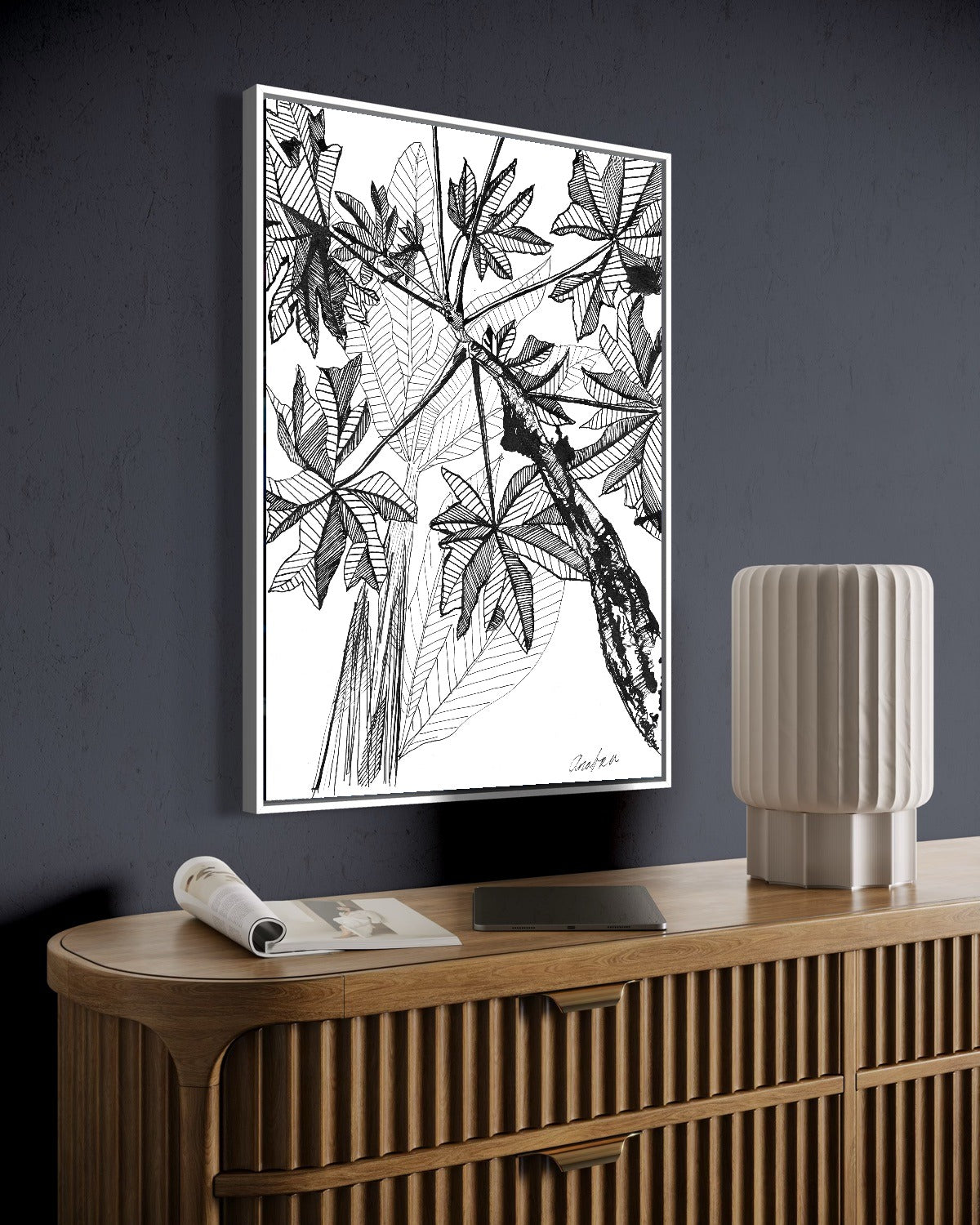 Andrea Nicole 'Banana Grove' fine art canvas in a white tray float frame, shown on the wall in a styled room setting. | an:family=canvas;role=hero;finish=white;scene=white_2