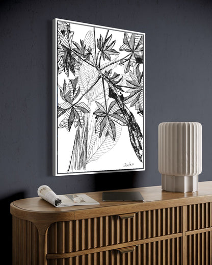 Andrea Nicole 'Banana Grove' fine art canvas in a white tray float frame, shown on the wall in a styled room setting. | an:family=canvas;role=hero;finish=white;scene=white_2