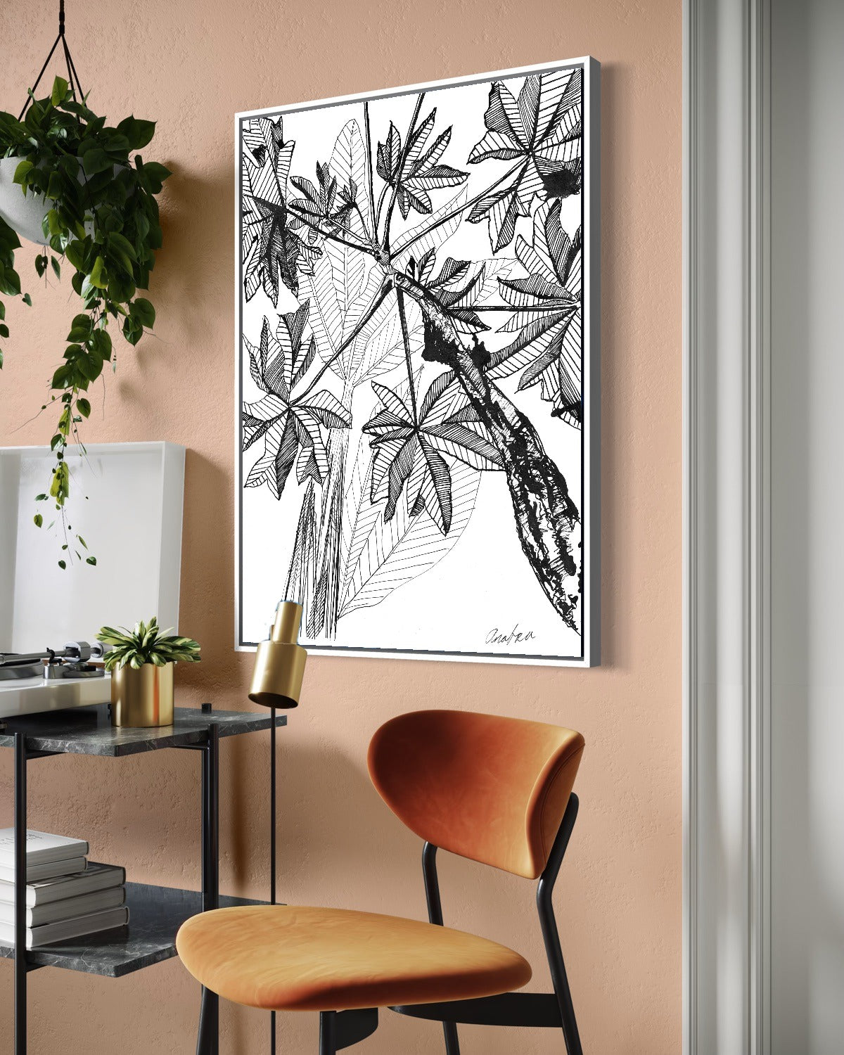 Andrea Nicole 'Banana Grove' fine art canvas in a white tray float frame, shown on the wall in a styled room setting. | an:family=canvas;role=hero;finish=white;scene=white_3