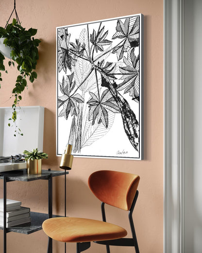 Andrea Nicole 'Banana Grove' fine art canvas in a white tray float frame, shown on the wall in a styled room setting. | an:family=canvas;role=hero;finish=white;scene=white_3
