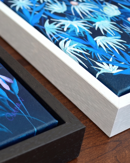 Andrea Nicole 'Emerging Through Fear' gallery canvas in a tray float frame — close detail of the floating edge and frame moulding. | an:family=canvas;role=hero