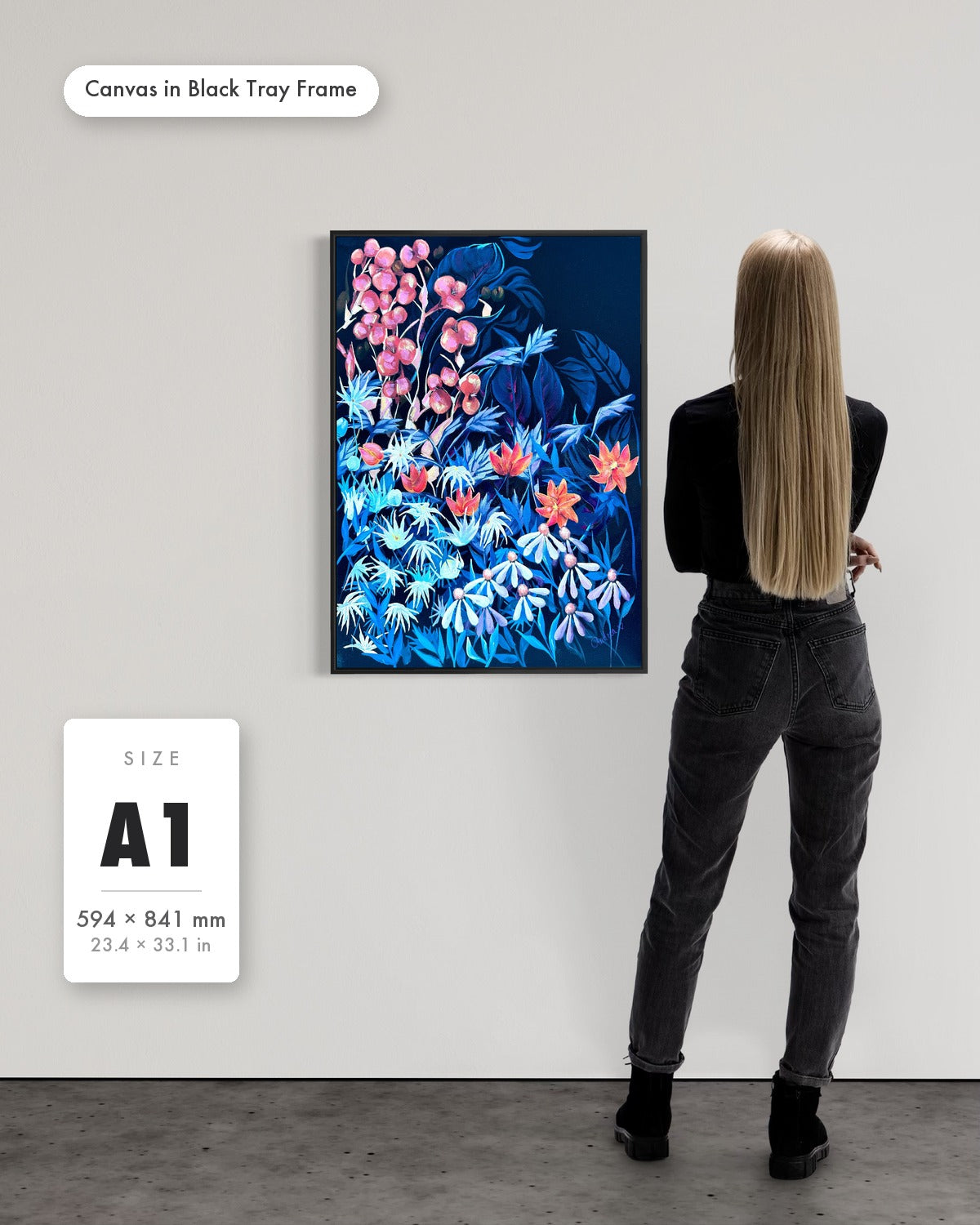 Andrea Nicole 'Emerging Through Fear' fine art canvas in a black tray float frame, A1 — shown to scale on a gallery wall with a size guide card. | an:family=canvas;role=sizeref;size=A1;finish=black
