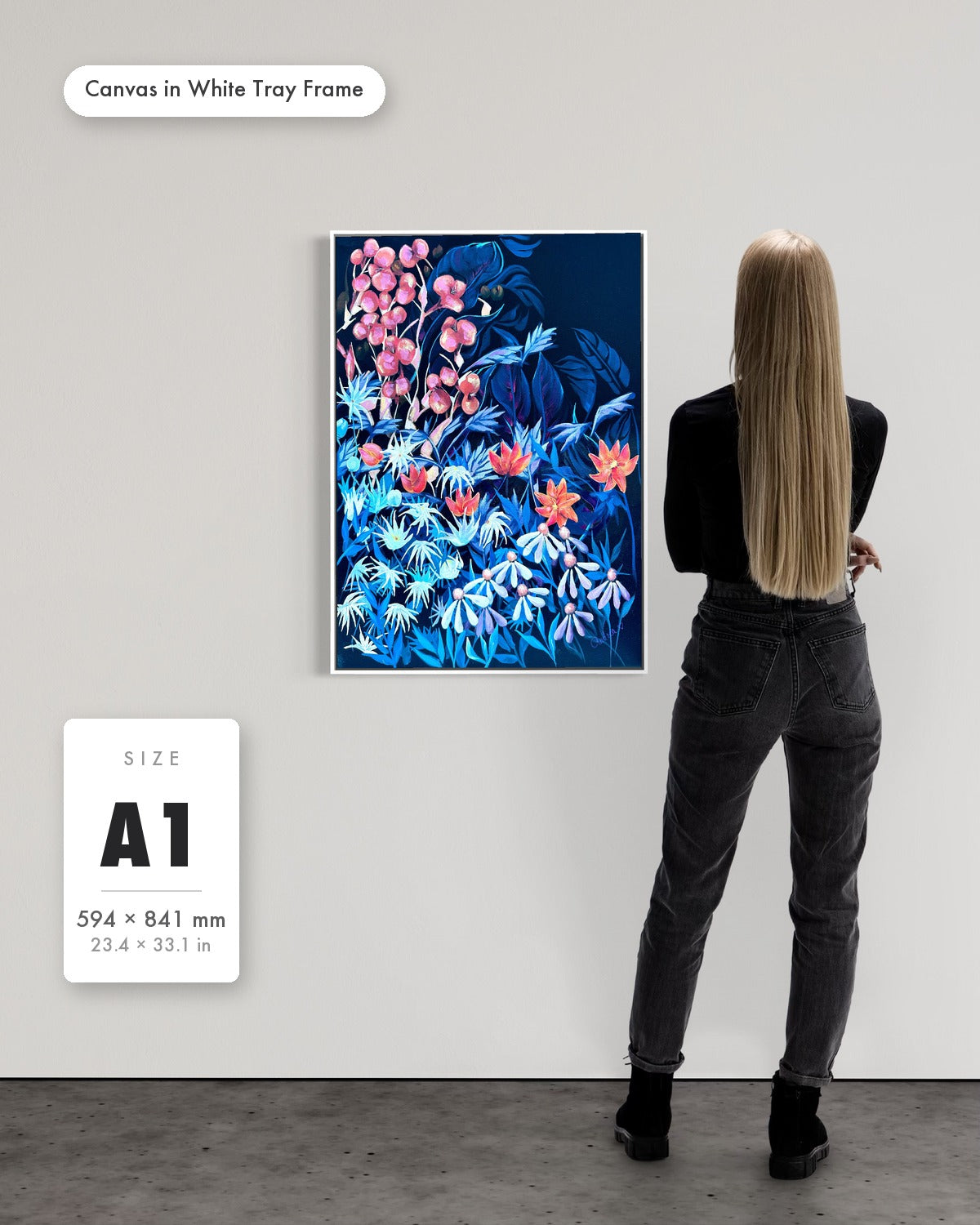 Andrea Nicole 'Emerging Through Fear' fine art canvas in a white tray float frame, A1 — shown to scale on a gallery wall with a size guide card. | an:family=canvas;role=sizeref;size=A1;finish=white