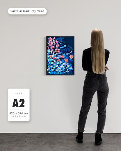 Andrea Nicole 'Emerging Through Fear' fine art canvas in a black tray float frame, A2 — shown to scale on a gallery wall with a size guide card. | an:family=canvas;role=sizeref;size=A2;finish=black