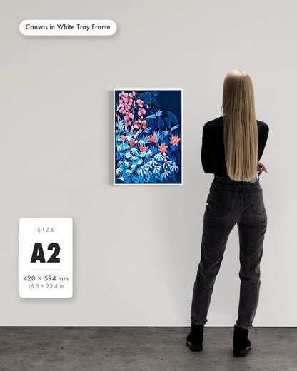 Andrea Nicole 'Emerging Through Fear' fine art canvas in a white tray float frame, A2 — shown to scale on a gallery wall with a size guide card. | an:family=canvas;role=sizeref;size=A2;finish=white