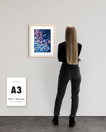 Emerging Through Fear — A3 (297 x 420 mm) natural frame art print shown to scale beside a person, with a size guide card. | an:family=print;role=sizeref;size=A3;finish=natural