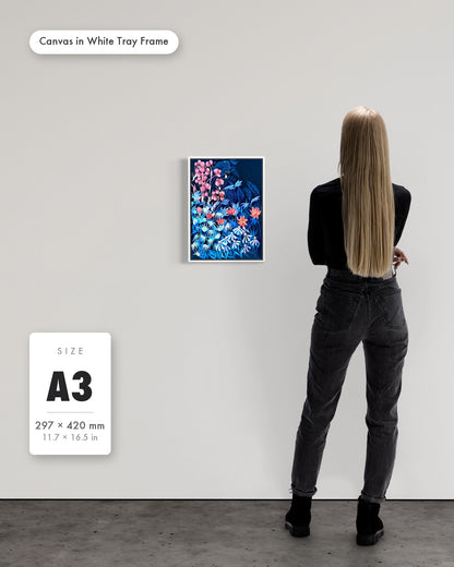 Andrea Nicole 'Emerging Through Fear' fine art canvas in a white tray float frame, A3 — shown to scale on a gallery wall with a size guide card. | an:family=canvas;role=sizeref;size=A3;finish=white