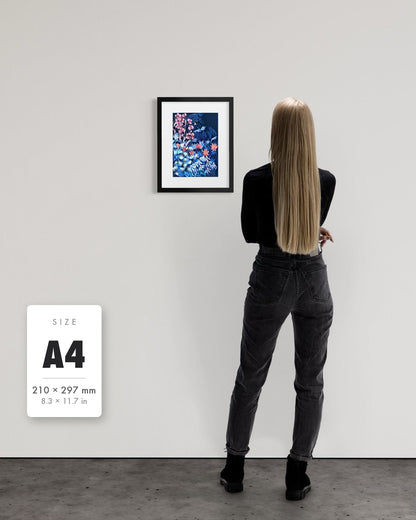 Emerging Through Fear — A4 (210 x 297 mm) black frame art print shown to scale beside a person, with a size guide card. | an:family=print;role=sizeref;size=A4;finish=black