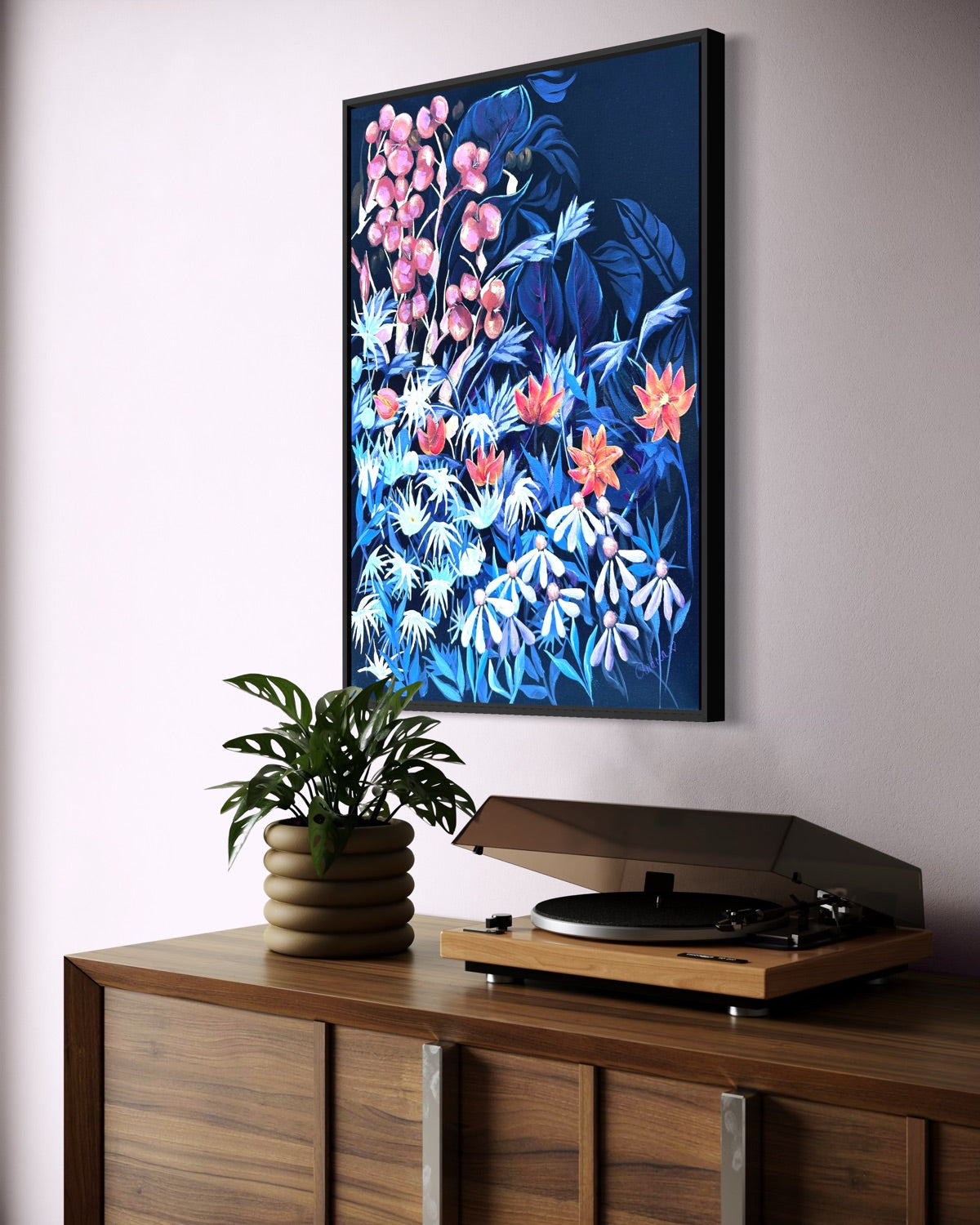 Andrea Nicole 'Emerging Through Fear' fine art canvas in a black tray float frame, shown on the wall in a styled room setting. | an:family=canvas;role=hero;finish=black;scene=black_2