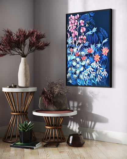 Andrea Nicole 'Emerging Through Fear' fine art canvas in a black tray float frame, shown on the wall in a styled room setting. | an:family=canvas;role=hero;finish=black;scene=black_3