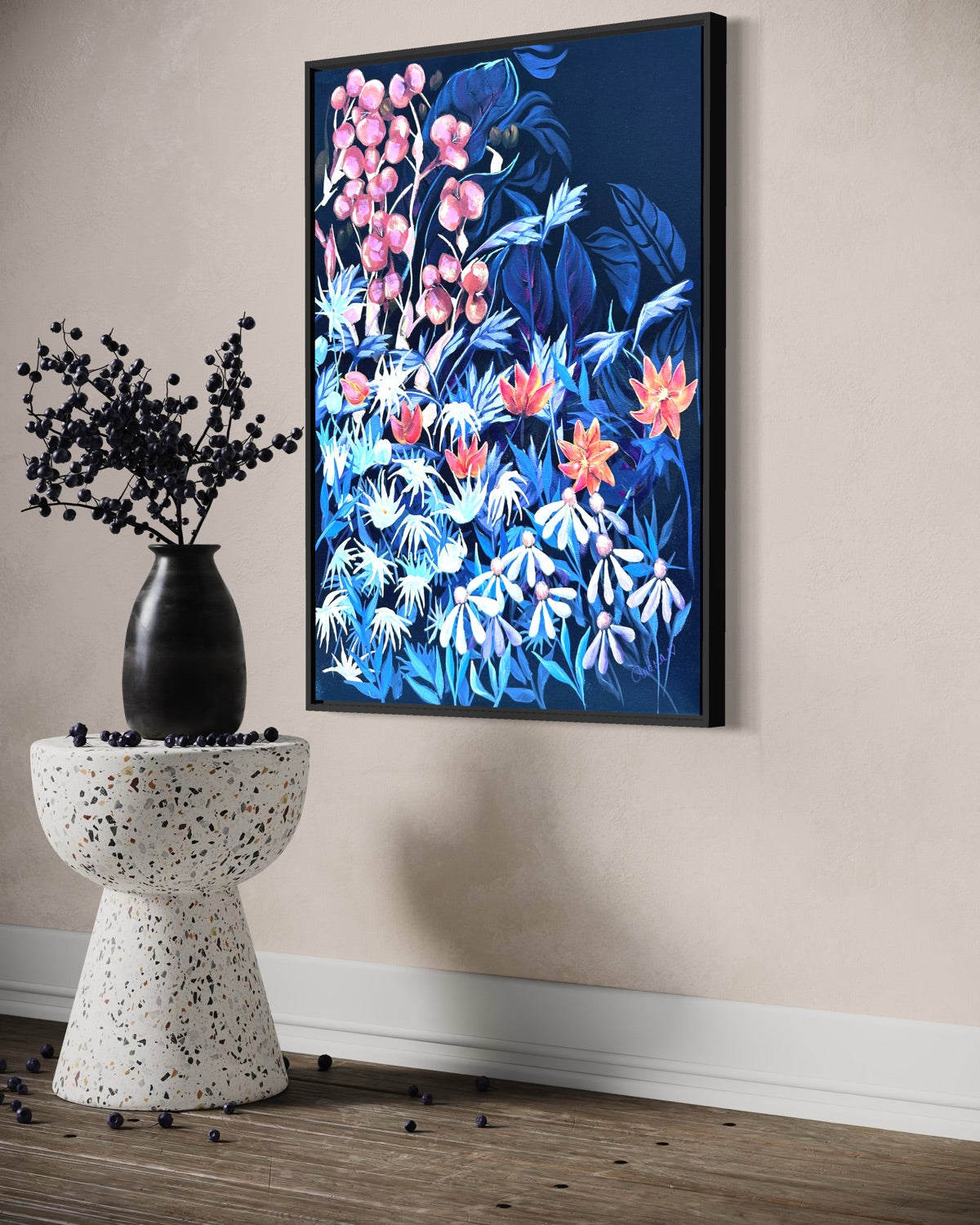 Andrea Nicole 'Emerging Through Fear' fine art canvas in a black tray float frame, shown on the wall in a styled room setting. | an:family=canvas;role=hero;finish=black;scene=black_4
