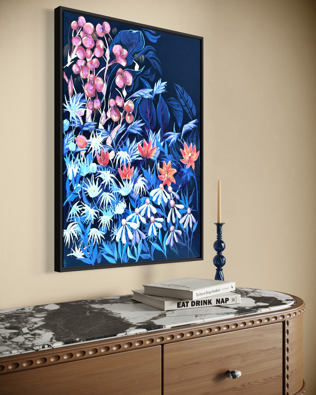 Andrea Nicole 'Emerging Through Fear' fine art canvas in a black tray float frame, shown on the wall in a styled room setting. | an:family=canvas;role=hero;finish=black;scene=black_5