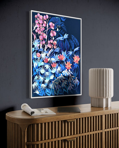 Andrea Nicole 'Emerging Through Fear' fine art canvas in a white tray float frame, shown on the wall in a styled room setting. | an:family=canvas;role=hero;finish=white;scene=white_2